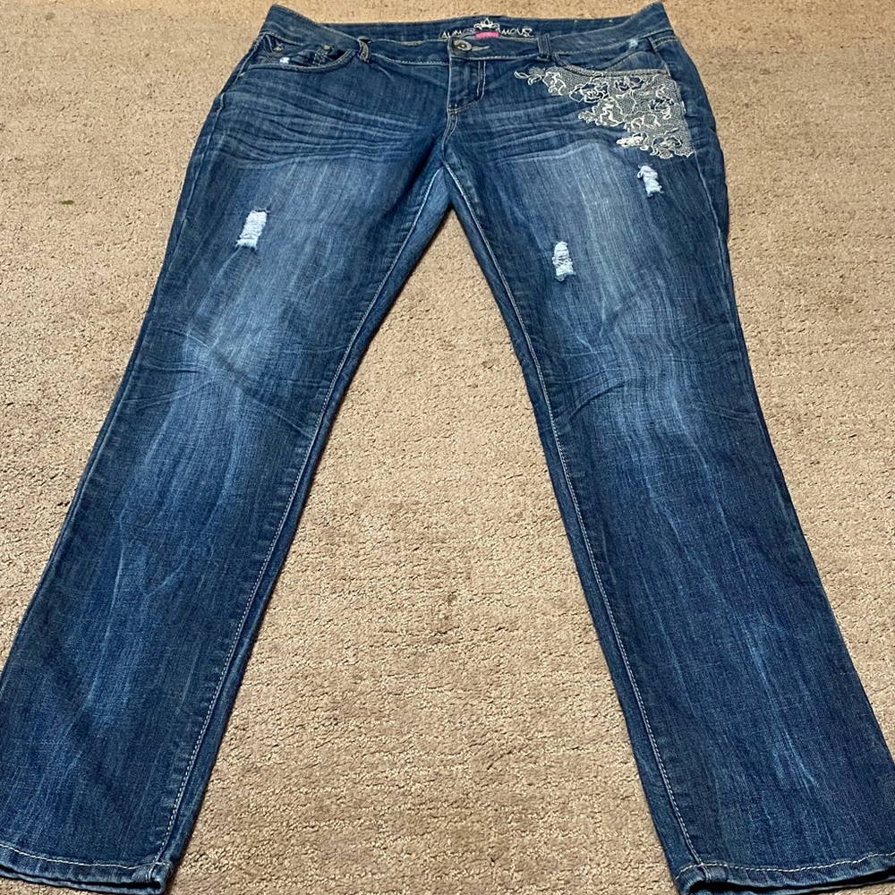 Almost Famous Blue Straight Leg Jeans with Embroidery/Some Distressing Size 13
